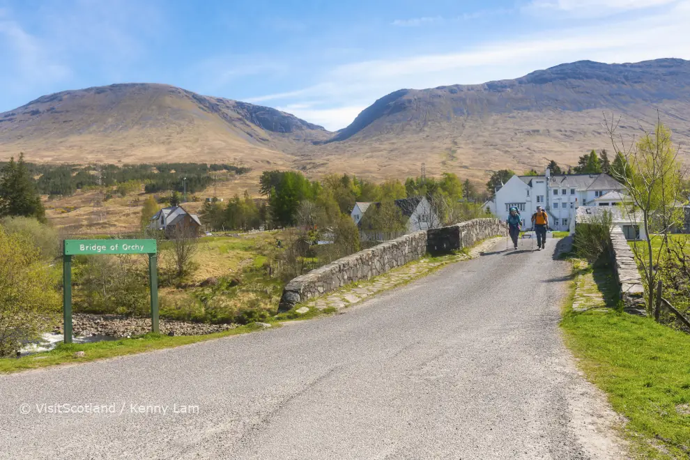 Walkers crossing the Bridge of Orchy near Glencoe which is on the route of the West Highland Way, © VisitScotland / Kenny Lam