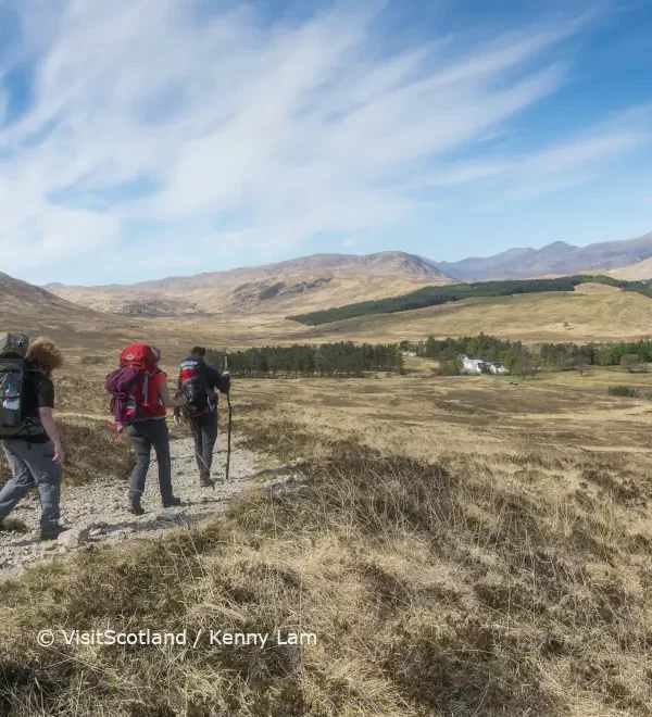 Walkers on the West Highland Way between Bridge of Orchy and Glencoe looking toward the Inveroran Hotel, © VisitScotland / Kenny Lam